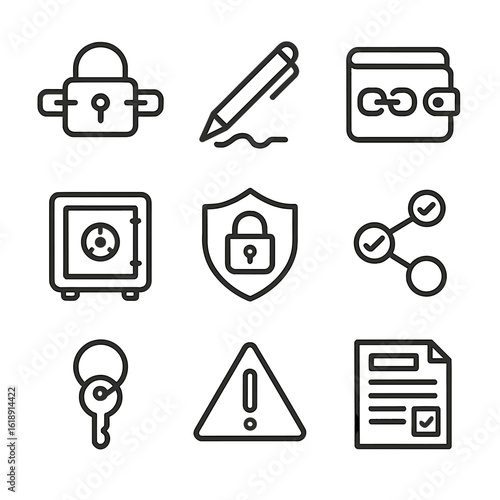 Blockchain Security Icons. Outline icon set of blockchain security measures: padlock with blockchain link, digital signature pen,