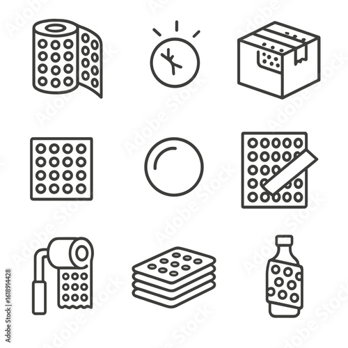Bubble Wrap Icons. Outline icon set of bubble wrap packaging elements: bubble wrap roll, popped bubble, sealed box with bubble