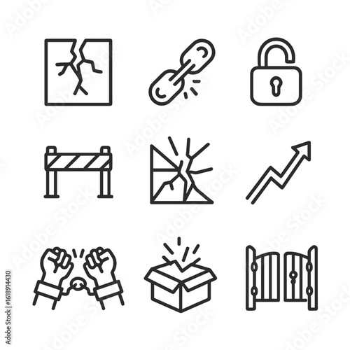Breaking Barriers Icons. Outline icon set of breaking barriers: cracked wall, broken chain, open padlock, barrier tape, shattered