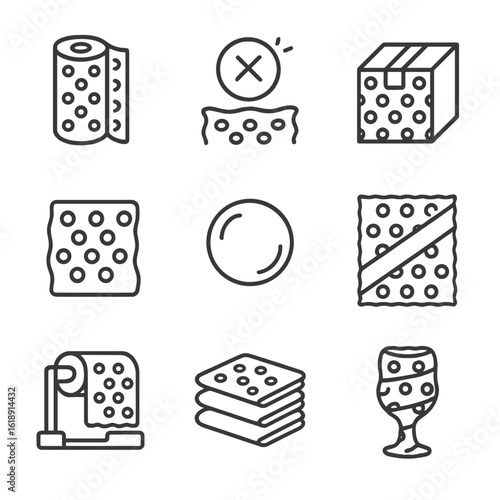 Bubble Wrap Icons. Outline icon set of bubble wrap packaging elements: bubble wrap roll, popped bubble, sealed box with bubble