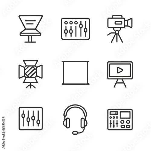 Broadcast Tool Icons. Outline icon set of Studio broadcast tools: teleprompter, mixing console, studio camera, lighting panel,