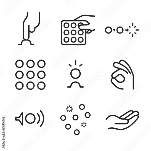 Bubble Wrap Icon Set. Outline icon set of bubble wrap stress relief interactions: finger pressing bubble, hand popping bubble,