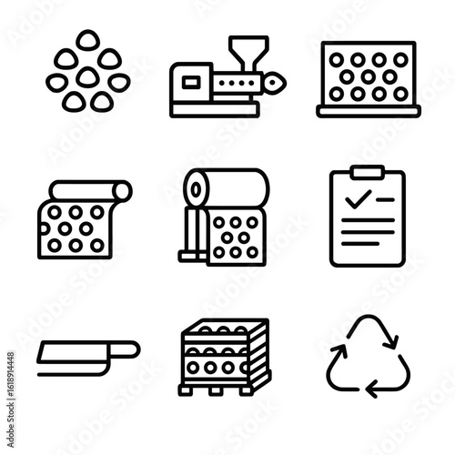 Bubble Wrap Icon Set. Outline icon set of bubble wrap manufacturing process: plastic resin pellets, extrusion machine, bubble