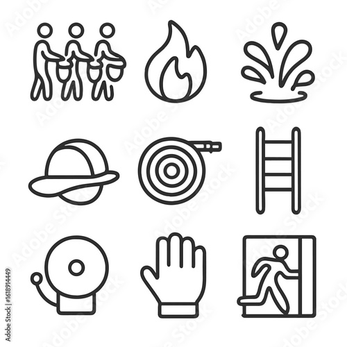 Bucket Brigade Icons. Outline icon set of Bucket brigade firefighting: bucket chain, fire flame, water splash, firefighter helmet,