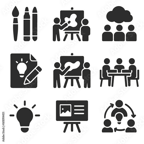 Creative Workshop Icons. Solid, filled icons set of creative team workshops: art supplies, group painting,