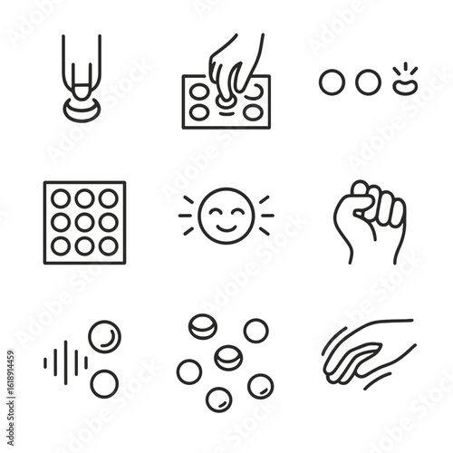 Bubble Wrap Icon Set. Outline icon set of bubble wrap stress relief interactions: finger pressing bubble, hand popping bubble,