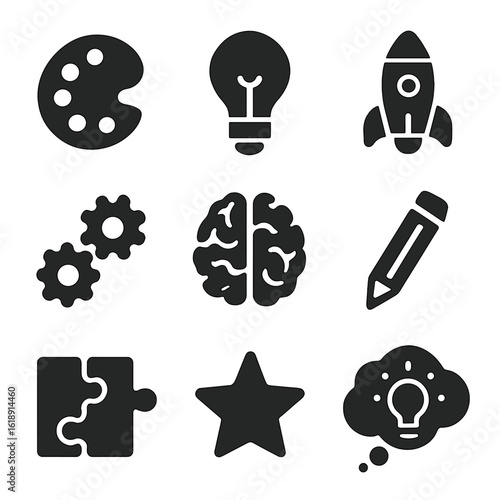 Creativity Icon Set. Solid, filled icons set of creativity and innovation: paint palette, light bulb, rocket,