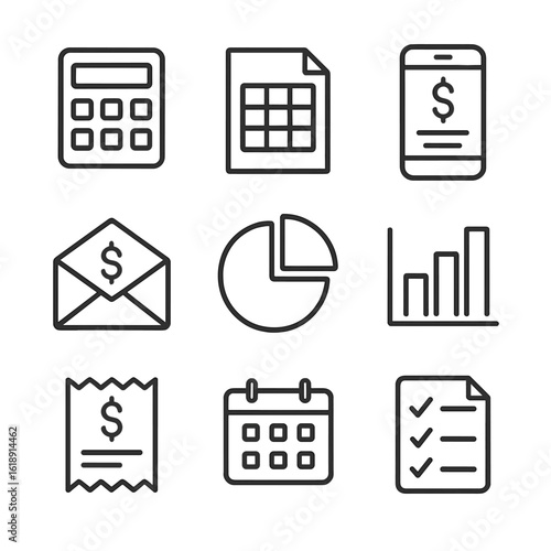 Budgeting Tools Icons. Outline icon set of budgeting tools and methods: calculator, spreadsheet, mobile app, envelope system, pie