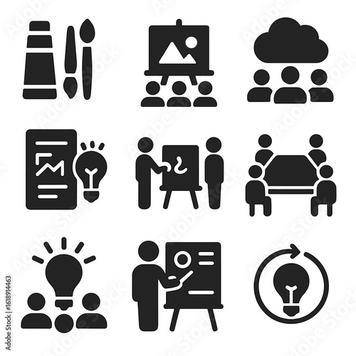Creative Workshop Icons. Solid, filled icons set of creative team workshops: art supplies, group painting,