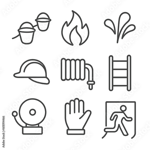 Bucket Brigade Icons. Outline icon set of Bucket brigade firefighting: bucket chain, fire flame, water splash, firefighter helmet,