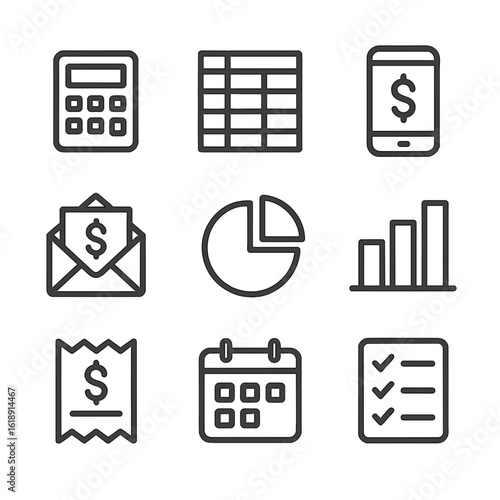 Budgeting Tools Icons. Outline icon set of budgeting tools and methods: calculator, spreadsheet, mobile app, envelope system, pie