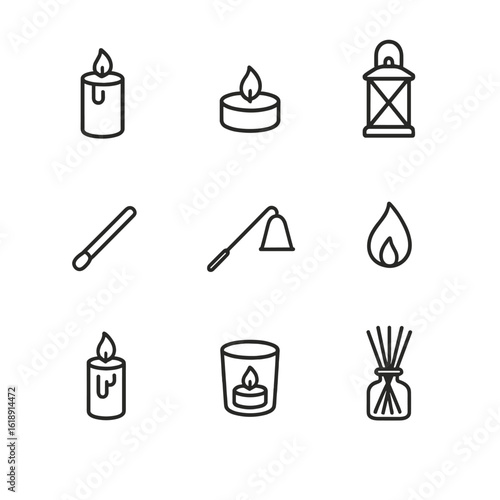 Candlelight Icon Set. Outline icon set of candlelight ambiance elements: pillar candle, tealight holder, lantern, matchstick,