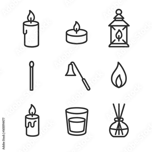 Candlelight Icon Set. Outline icon set of candlelight ambiance elements: pillar candle, tealight holder, lantern, matchstick,