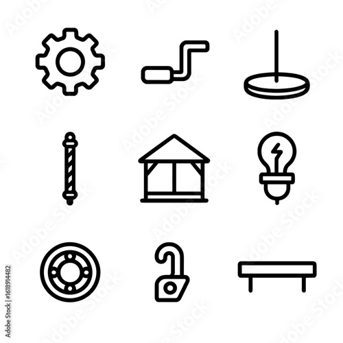 Carousel Mechanics Icons. Outline icon set of carousel mechanics: gear wheel, crank handle, rotating platform, decorative pole,