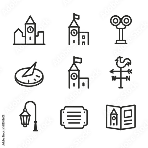 Clock Tower Icons. Outline icon set of clock tower surroundings and context: town skyline, adjacent building silhouette, tourist