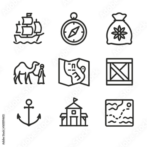 Colonial Trade Icons. Outline icon set of colonial trade routes: sailing ship, compass, spice sack, merchant caravan, port map,