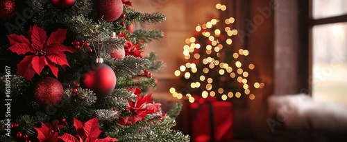 Festive Christmas Tree with Red Ornaments and Poinsettias, Holiday , Decoration