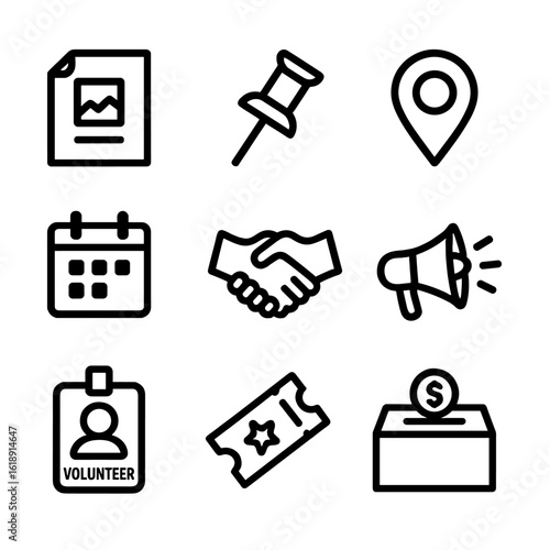 Community Event Icons. Outline icon set of community events bulletin board: flyer, pushpin, map marker, calendar, megaphone,