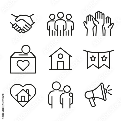 Community Icon Set. Outline icon set of community engagement initiatives: handshake, group of people, volunteer hands, donation