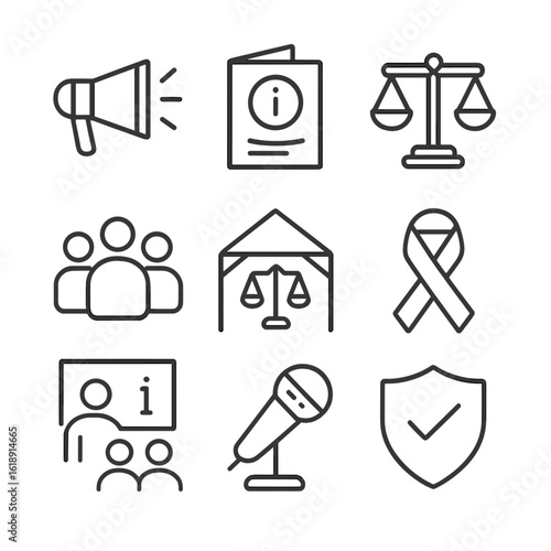 Community Outreach Icons. Outline icon set of community outreach and rights education: megaphone, informational brochure, scales