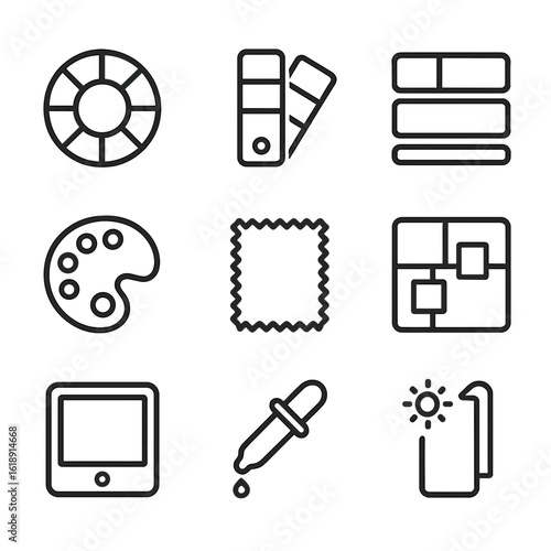 Color Palette Icons. Outline icon set of color palette selection: color wheel, swatch cards, gradient strips, paint palette,