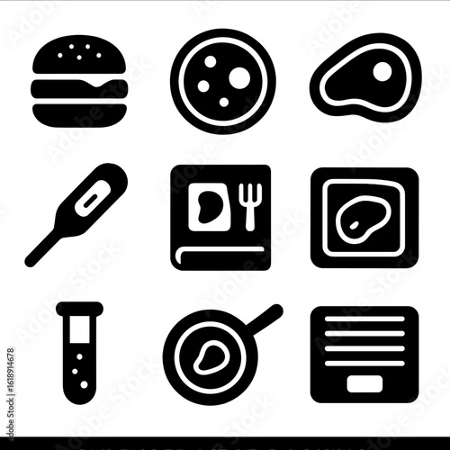 Cultured Meat Icons. Solid, filled icons set of cultured meat cooking: lab-grown burger, petri dish icon,