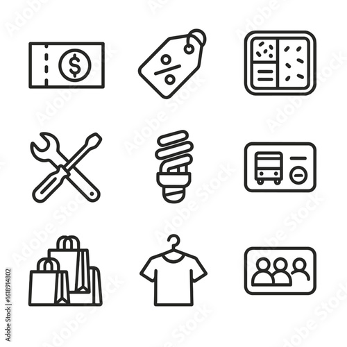 Cost-Cutting Icons. Outline icon set of cost-cutting and money-saving tips: coupon, sale tag, meal prep, DIY repair, energy-saving