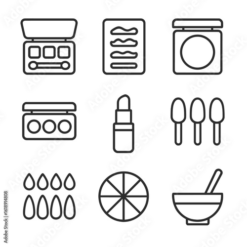 Cosmetics Icon Grid. Outline icon set of color palettes and swatches: eyeshadow palette, lipstick swatch chart, blush compact,