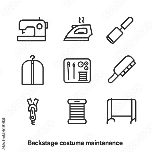 Costume Maintenance Icons. Outline icon set of backstage costume maintenance: sewing machine, steam iron, lint roller, garment bag
