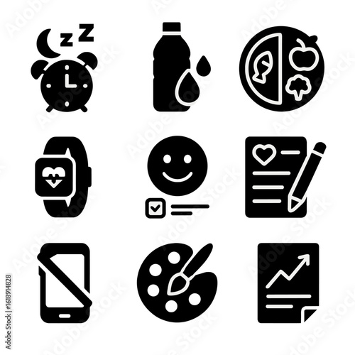 Daily Habits Icons. Solid, filled icons set of daily habits for mental resilience: sleep schedule, water