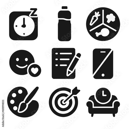 Daily Habits Icons. Solid, filled icons set of daily habits for mental resilience: sleep schedule, water