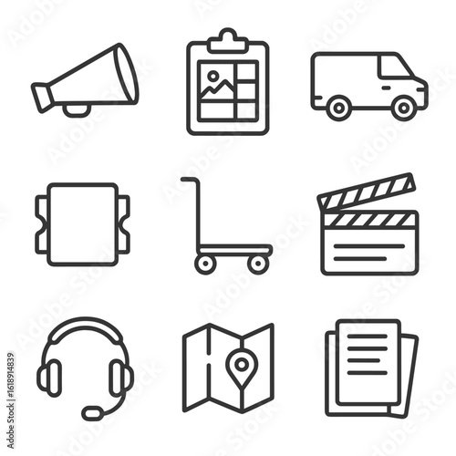 Crew Role Icons. Outline icon set of behind-the-scenes crew roles: director megaphone, storyboard clipboard, production van,