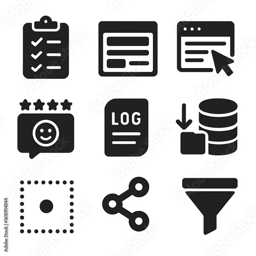 Data Collection Icons. Solid, filled icons set of data collection and input: survey icon, input form,