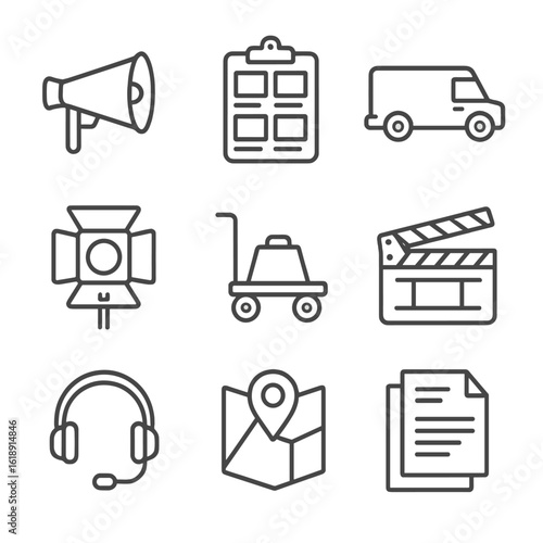 Crew Role Icons. Outline icon set of behind-the-scenes crew roles: director megaphone, storyboard clipboard, production van,