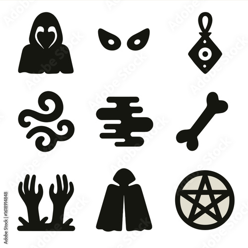 Dark Magic Icons Set. Solid, filled icons set of dark magic elements: shadowy figure, glowing eyes, cursed