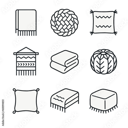 Cozy Textile Icons. Outline icon set of cozy textile accents: wool throw blanket, braided wool rug, cotton fringe pillow, woven