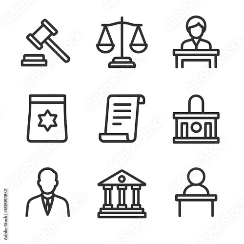 Courtroom Icons Set. Outline icon set of courtroom defense representation: gavel, scales of justice, witness stand, evidence bag,