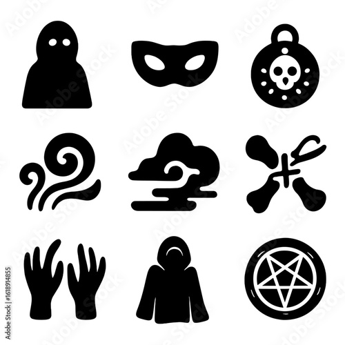 Dark Magic Icons Set. Solid, filled icons set of dark magic elements: shadowy figure, glowing eyes, cursed