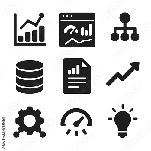 Data Decision Icons. Solid, filled icons set of data-driven decisions: data chart, analytics dashboard,