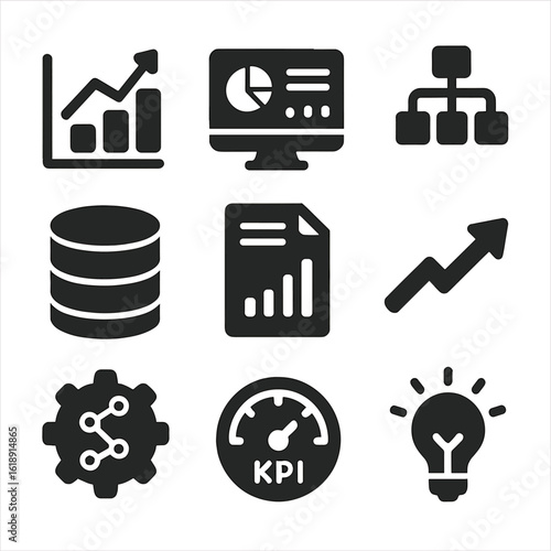 Data Decision Icons. Solid, filled icons set of data-driven decisions: data chart, analytics dashboard,