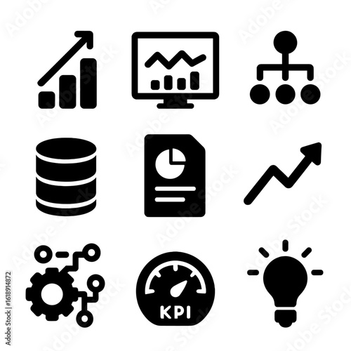 Data Decisions Icons. Solid, filled icons set of data-driven decisions: data chart, analytics dashboard,