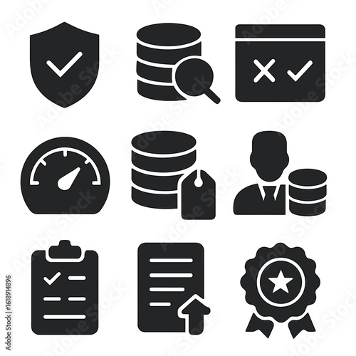 Data Governance Icons. Solid, filled icons set of data governance and quality: shield with checkmark, data