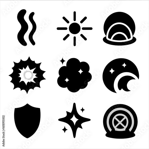 Defensive Magic Icons. Solid, filled icons set of defensive magic aura effects: shimmering wave, radiating