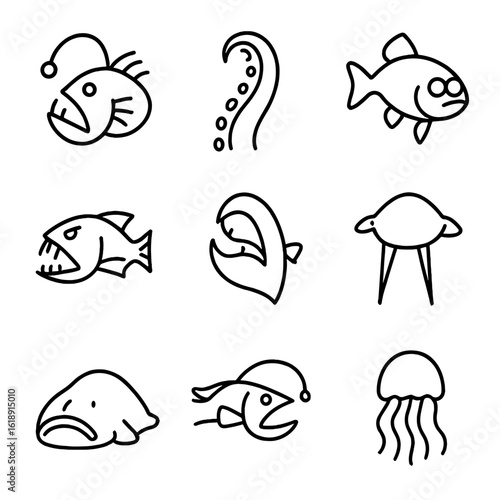 Deep-Sea Icons Set. Outline icon set of Deep-sea adaptations: anglerfish lure, giant squid tentacle, barreleye fish eyes,
