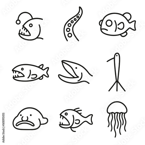 Deep-Sea Icons Set. Outline icon set of Deep-sea adaptations: anglerfish lure, giant squid tentacle, barreleye fish eyes,