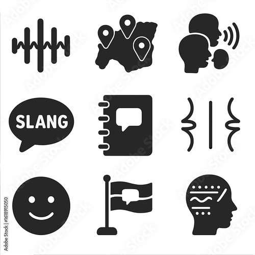 Dialect Icon Grid. Solid, filled icons set of dialects and regional accents: speech waveforms, map with speech