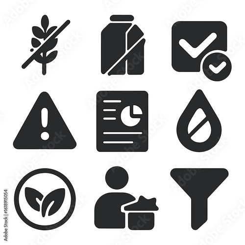 Dietary Needs Icons. Solid, filled icons set of shopping with dietary needs: gluten-free label, dairy-free