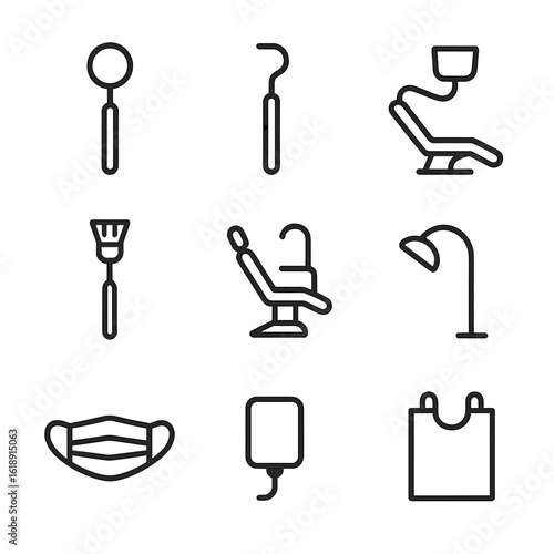 Dental Tools Icons. Outline icon set of professional dental care tools: dental mirror, dental probe, scaler, polishing brush,
