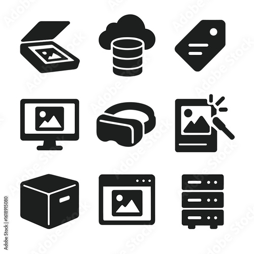 Digital Art Preservation Icons. Solid, filled icons set of digital preservation of art: digital scan icon,