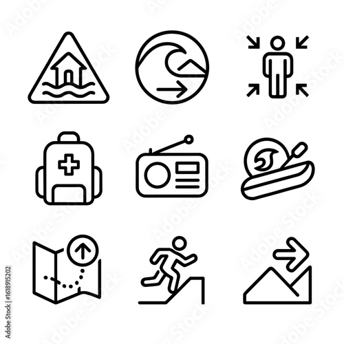 Disaster Evacuation Icons. Outline icon set of natural disaster evacuation: flood warning icon, tsunami evacuation route sign,